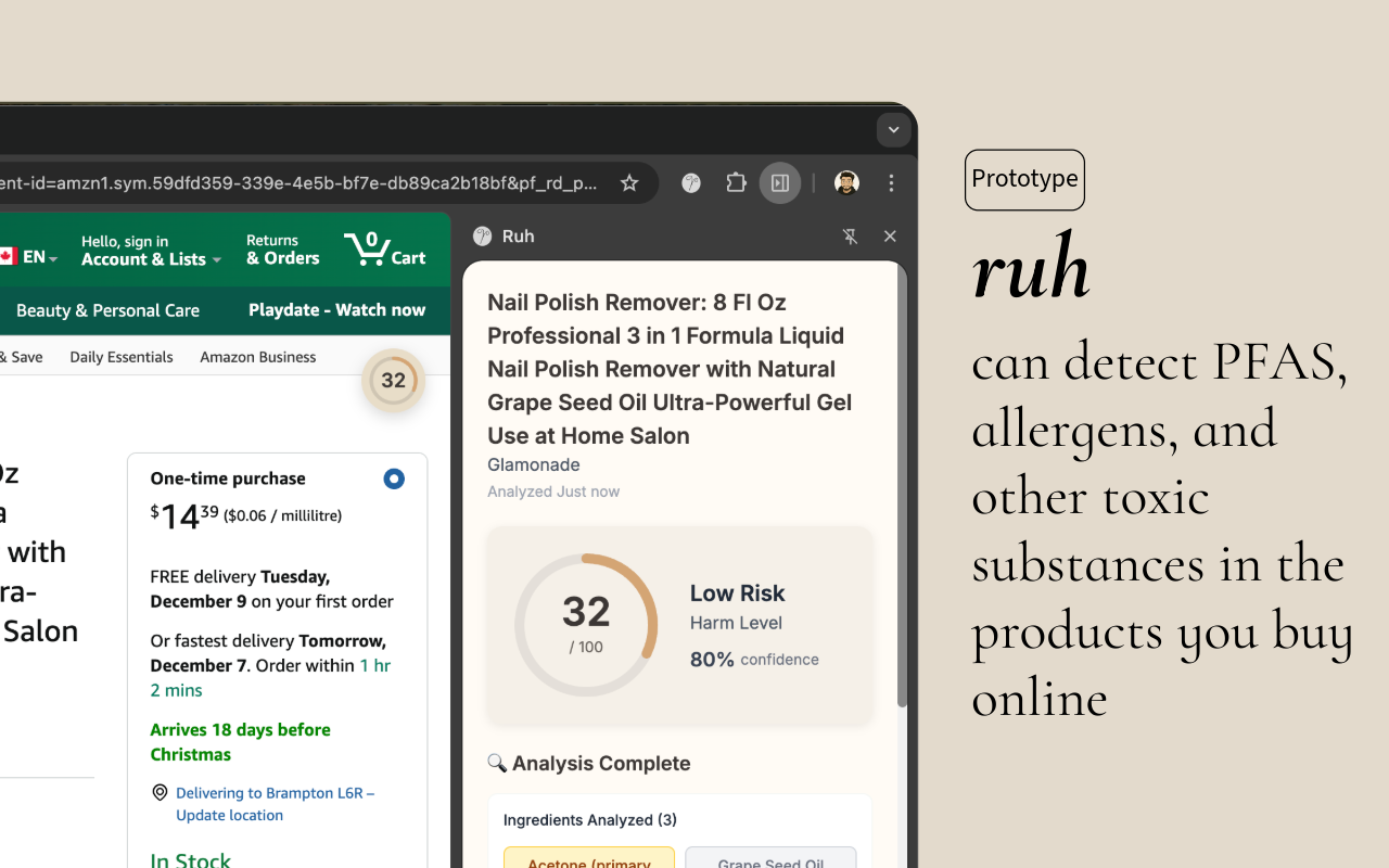 Ruh Chrome extension showing harm score analysis on Amazon product page